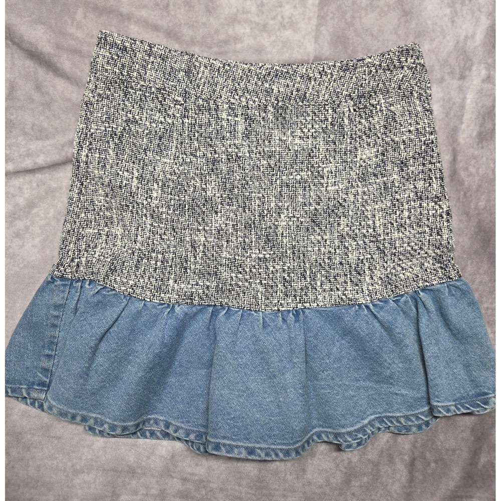 Zara High Waisted Mini Skirt‎ Womens L Blue Denim Gray Tweed Ruffle 80's-90's